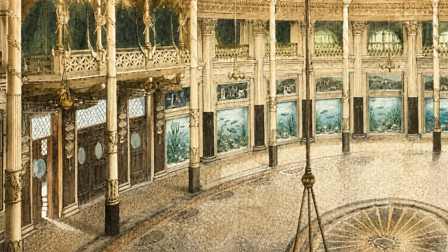 Illustrazione storica dell'interno dell'Acquario Romano con vasche decorate.