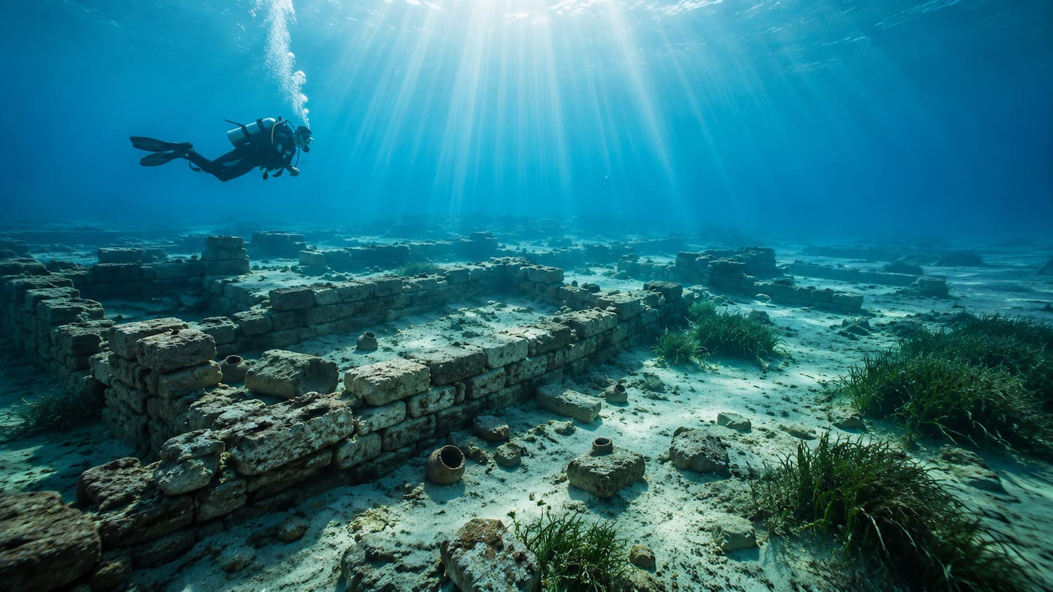 Strade e fondamenta di Pavlopetri viste dalla superficie, sotto l'acqua trasparente della baia di Vatika.